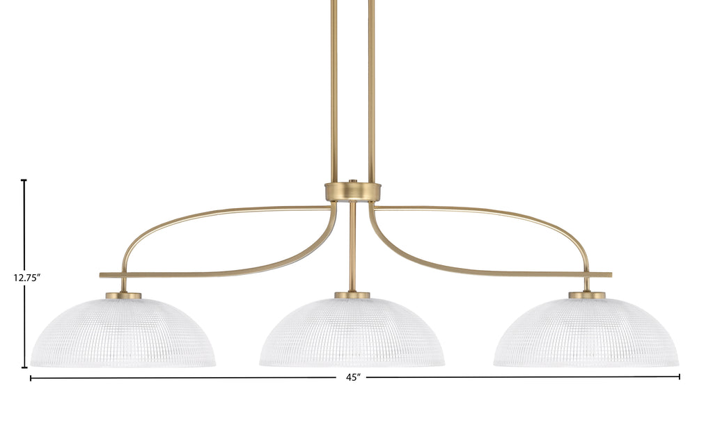 Cavella Three Light Island Pendant in New Age Brass with 13" Clear Ribbed Shade