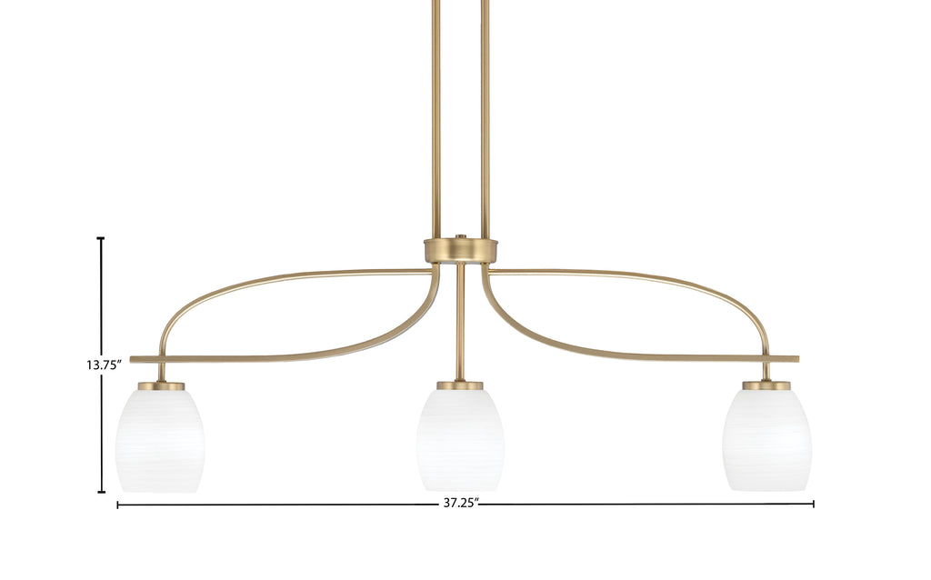 Cavella Three Light Island Pendant in New Age Brass with 5" White Linen Shade
