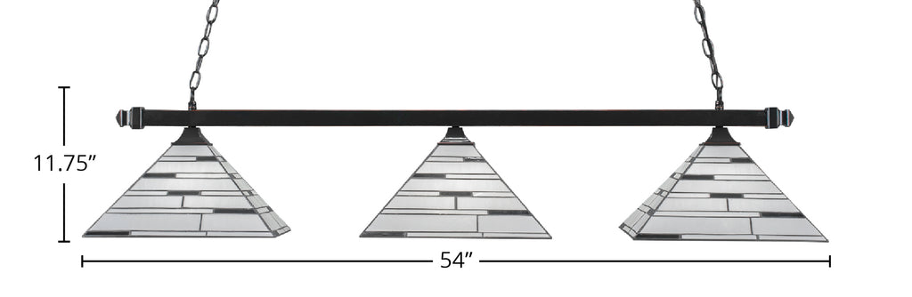 Square Three Light Bar in Black Copper with 14" Pearl Ebony Art Glass Shade