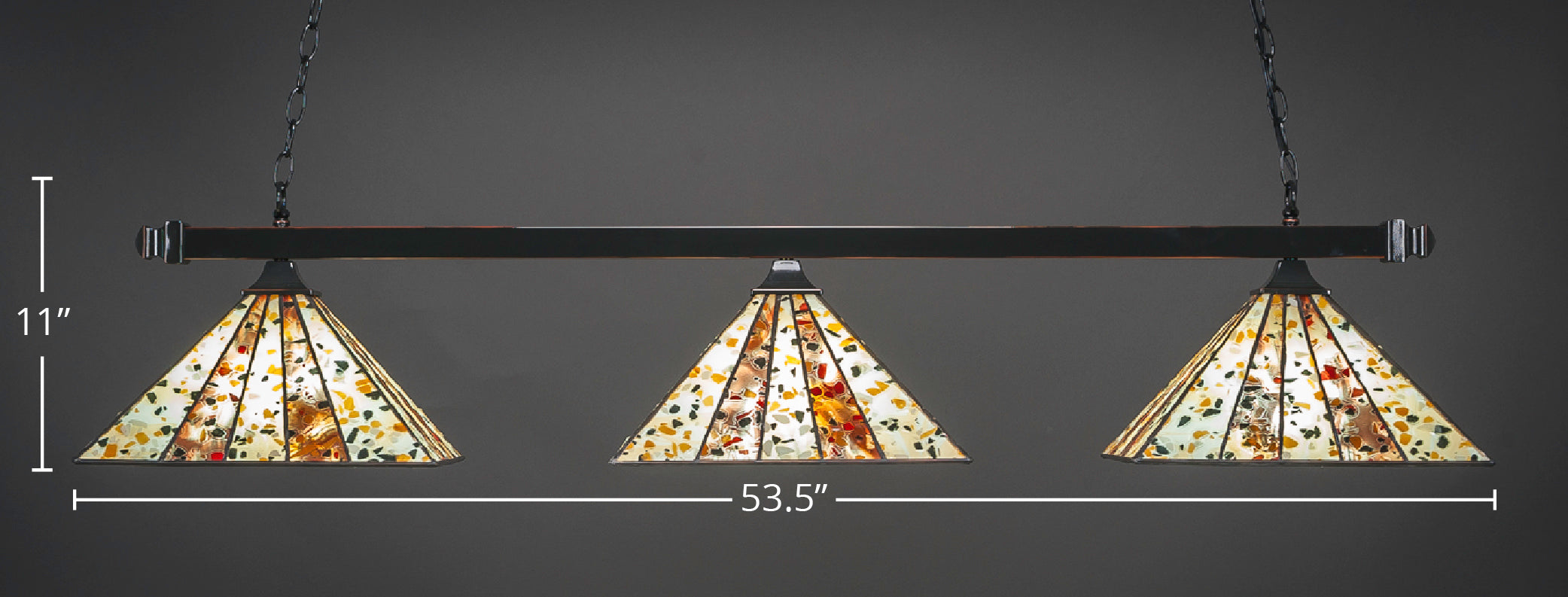 Square Three Light Bar in Black Copper with 14" Fiesta Art Glass Shade