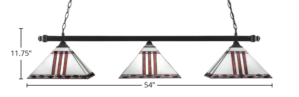 Square Three Light Bar in Black Copper with 14" Purple & Metal Leaf Art Glass Shade