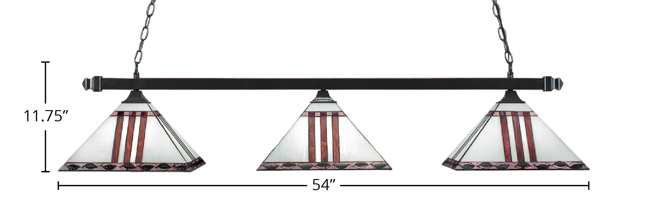 Square Three Light Bar in Black Copper with 14" Purple & Metal Leaf Art Glass Shade