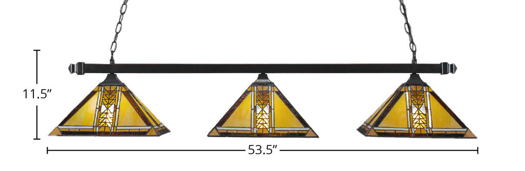 Square Three Light Bar in Black Copper with 14 "Santa Cruz Art Glass Shade