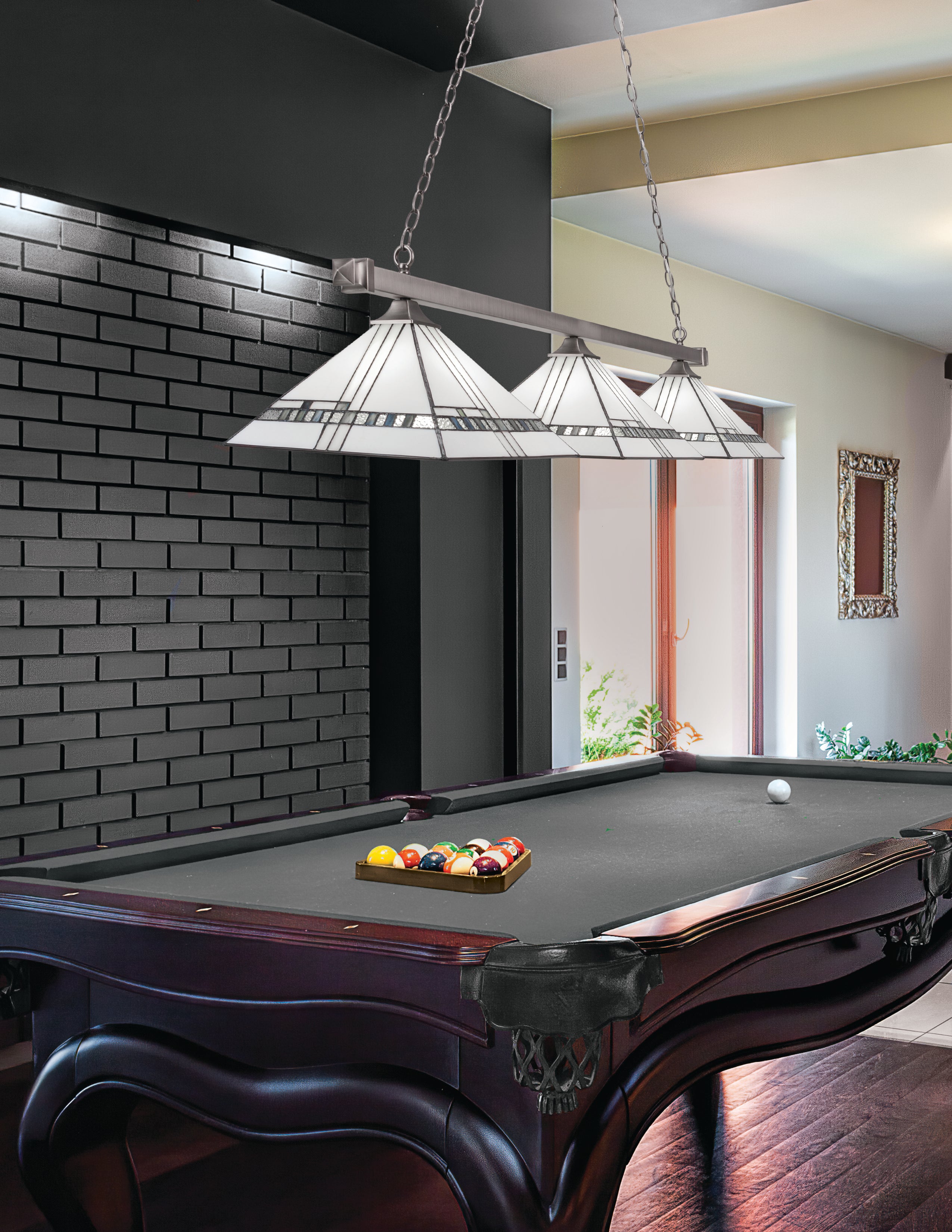 Square/Square Three Light Bar in Brushed Nickel with 14" New Deco Art Glass Shade