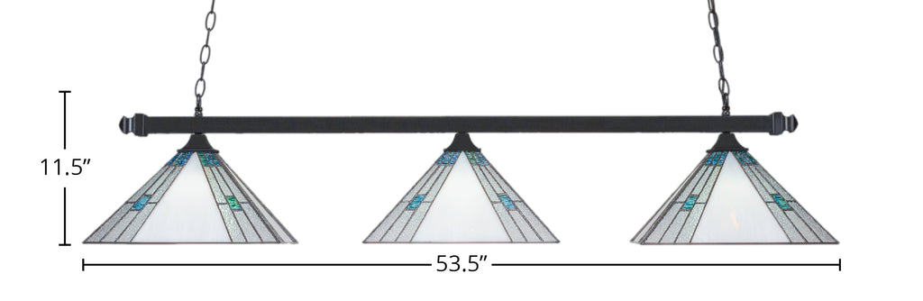 Square/Square Three Light Bar in Matte Black with 14" Sky Ice Art Glass Shade