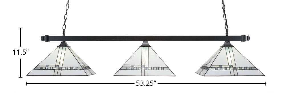 Square Three Light Island Pendant in Matte Black with 14" New Deco Art Glass Shade