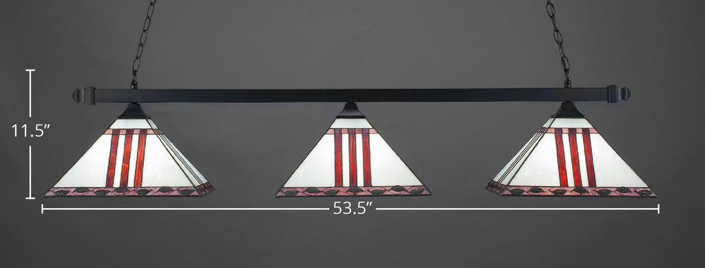 Square Three Light Bar in Matte Black with 14" Purple & Metal Leaf Art Glass Shade