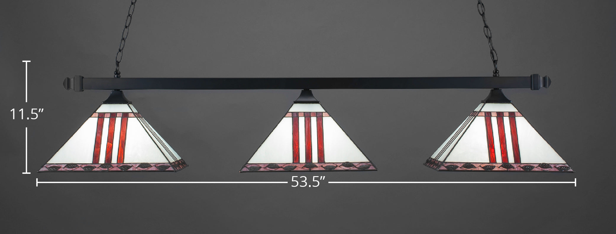 Square Three Light Bar in Matte Black with 14" Purple & Metal Leaf Art Glass Shade