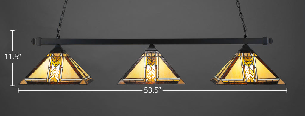 Square Three Light Bar in Matte Black with 14" Santa Cruz Art Glass Shade