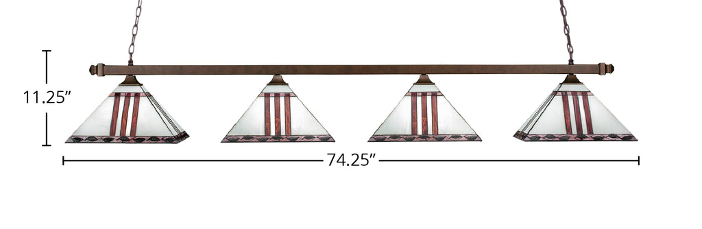 Square Four Light Bar in Bronze with 14" Purple & Metal Leaf Art Glass Shade