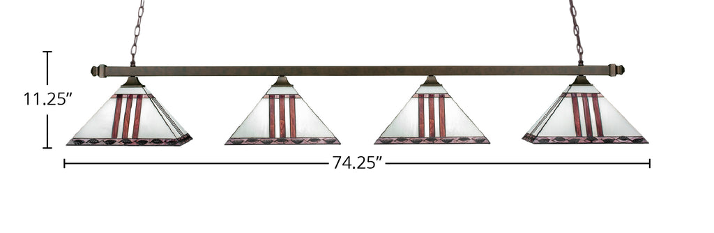 Square Four Light Bar in Dark Granite with 14" Purple & Metal Leaf Art Glass Shade