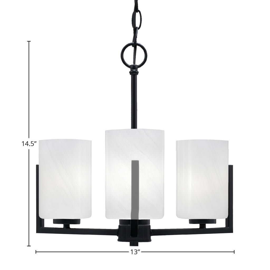 Atlas Three Light Chandelier in Matte Black with 4" White Marble Shade