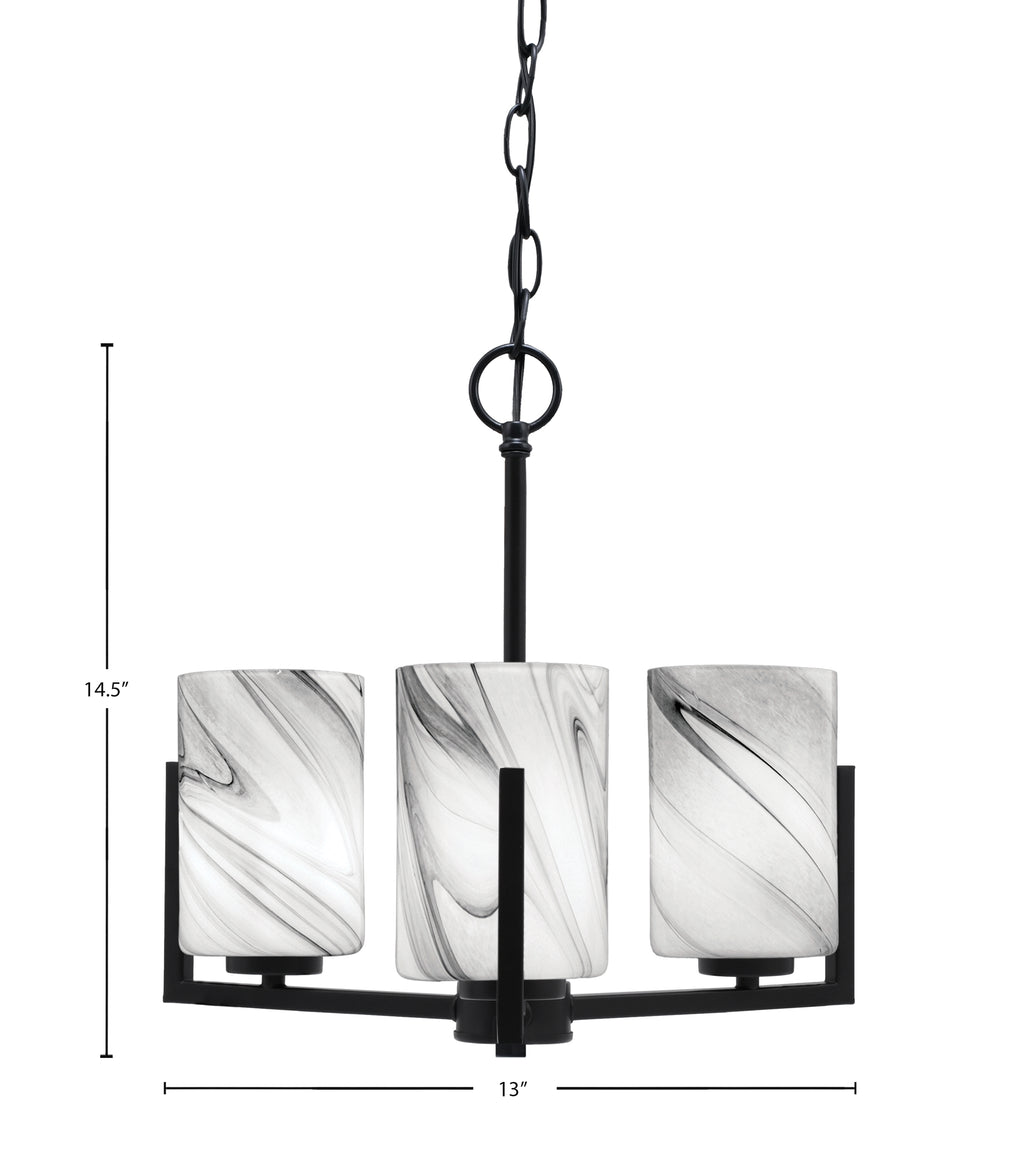 Atlas Three Light Chandelier in Matte Black with 4" Onyx Swirl Shade