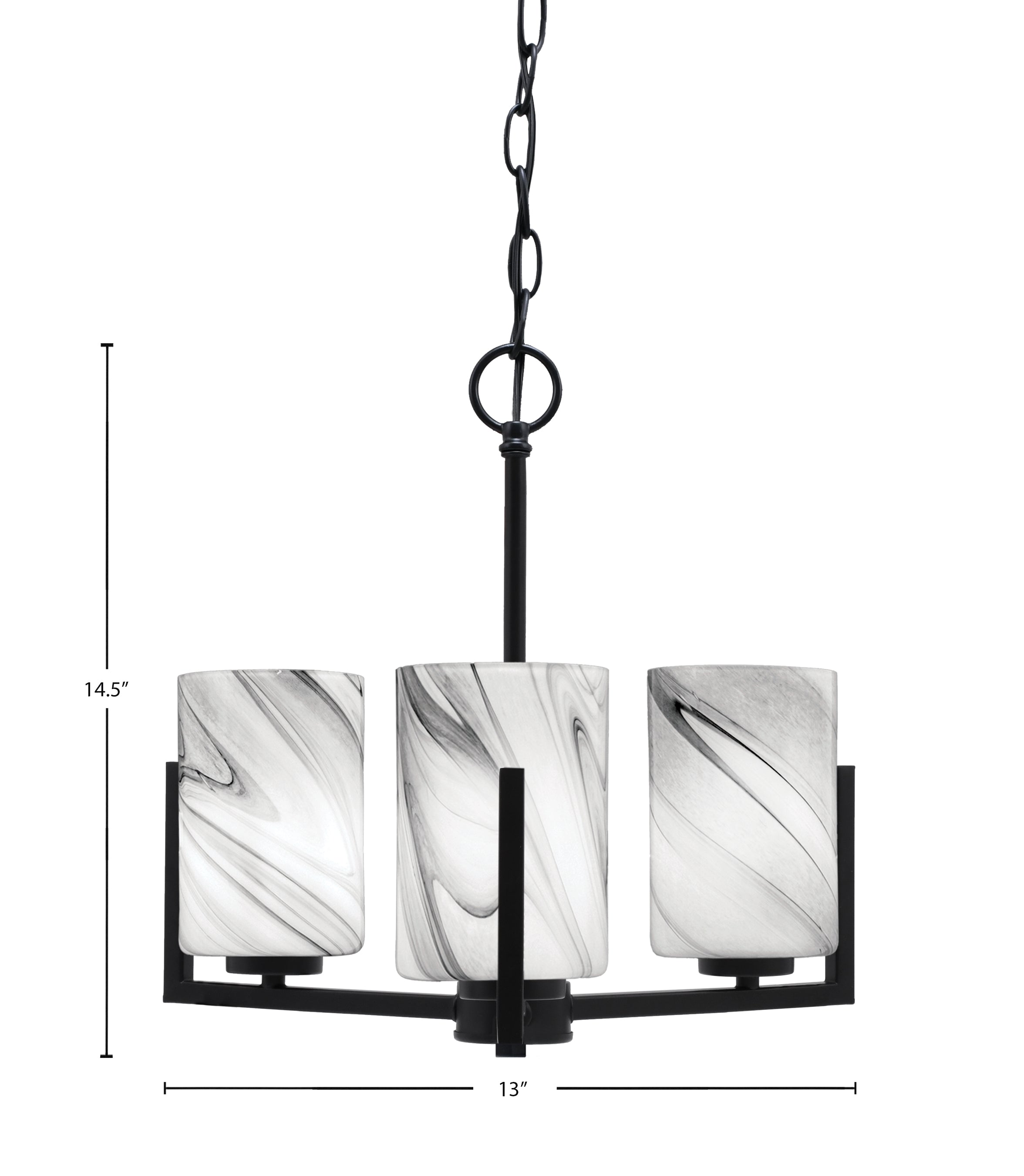 Atlas Three Light Chandelier in Matte Black with 4" Onyx Swirl Shade