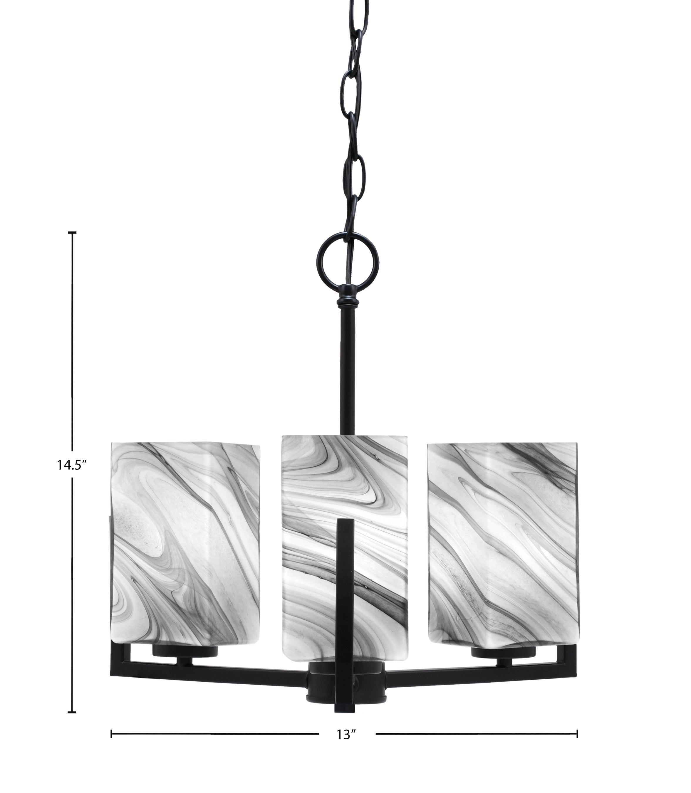 Atlas Three Light Chandelier in Matte Black with Onyx Swirl Shade