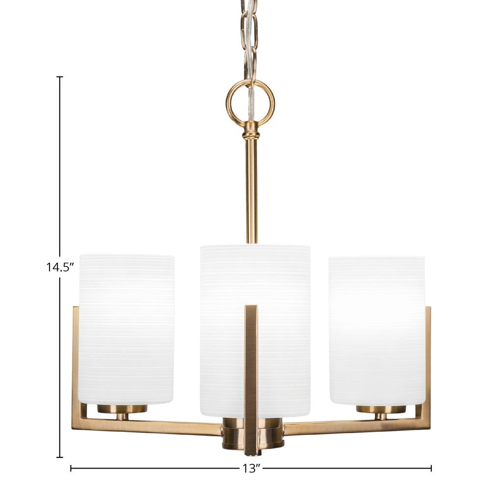 Atlas Three Light Chandelier in New Age Brass with 4" White Matrix Shade
