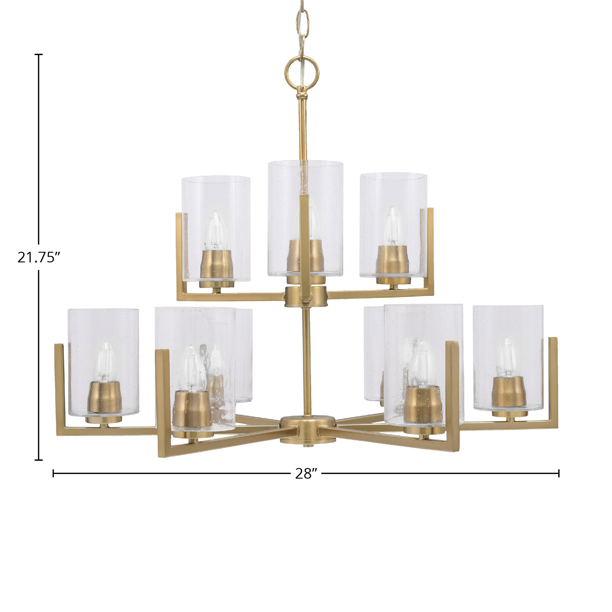 Atlas Nine Light Chandelier in New Age Brass with 4" Clear Bubble Shade