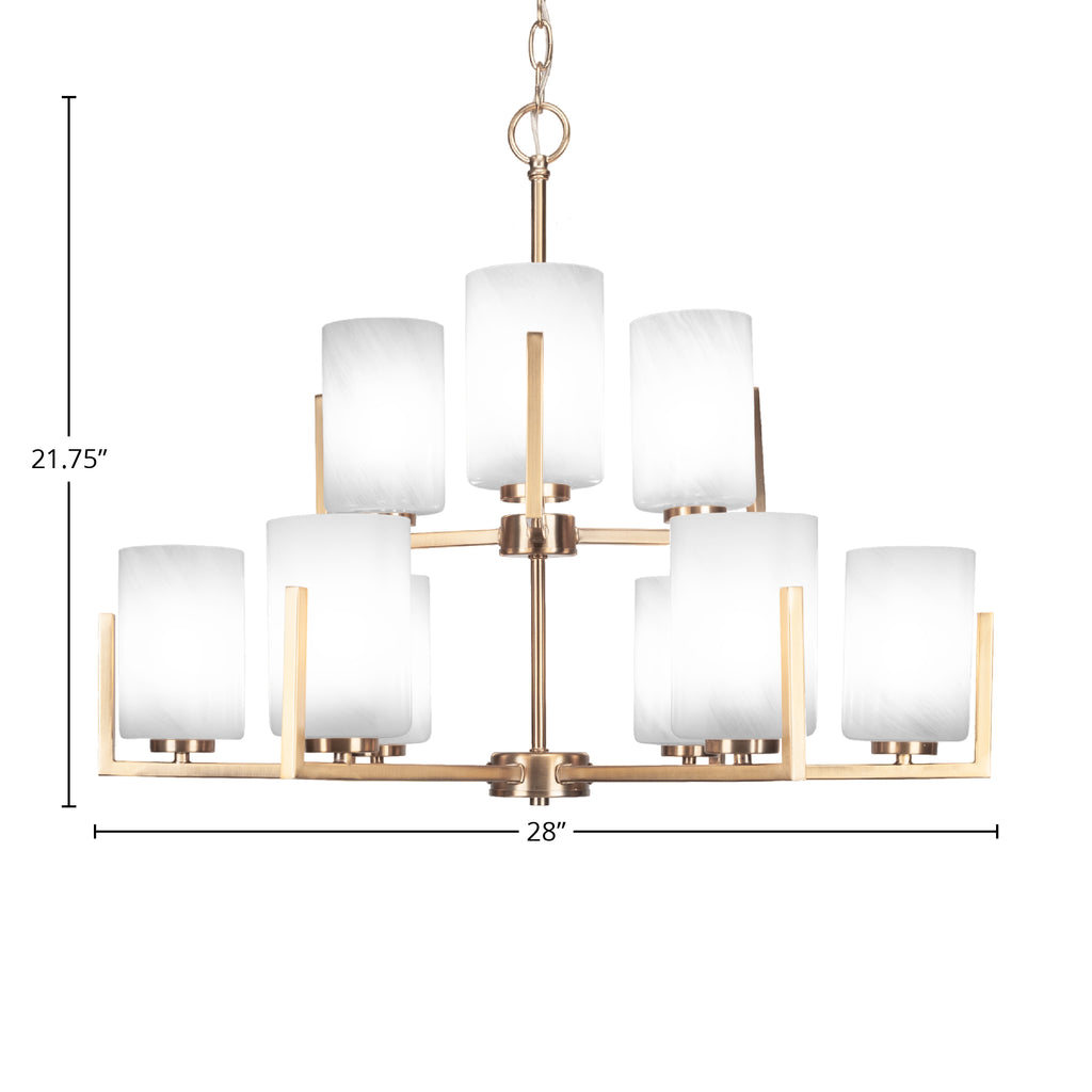 Atlas Nine Light Chandelier in New Age Brass with 4" White Marble Shade