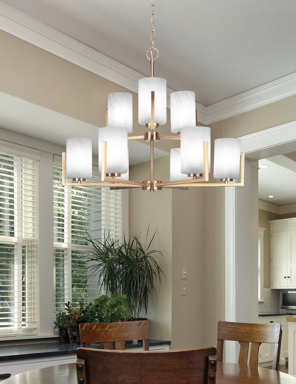 Atlas Nine Light Chandelier in New Age Brass with 4" White Marble Shade