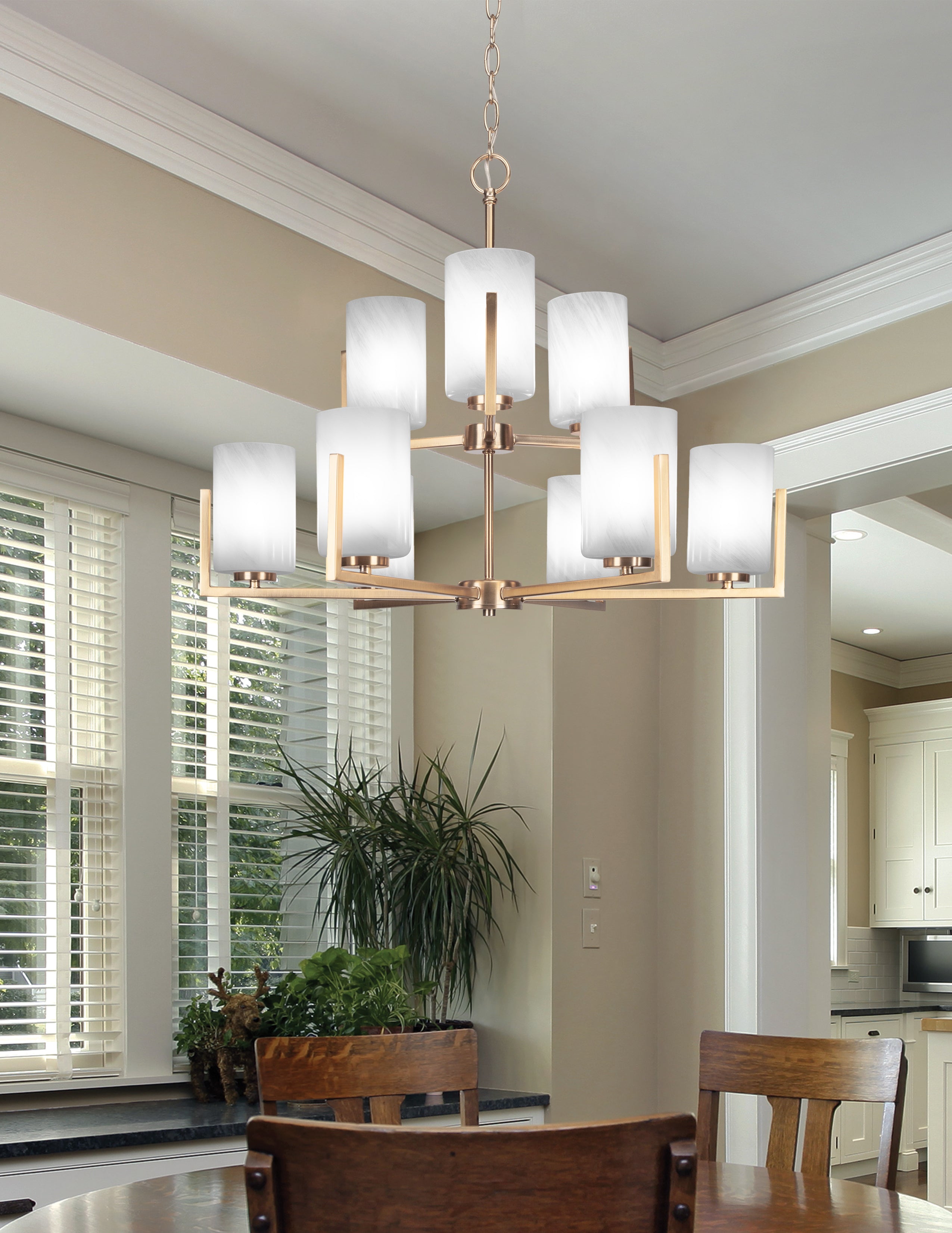 Atlas Nine Light Chandelier in New Age Brass with 4" White Marble Shade
