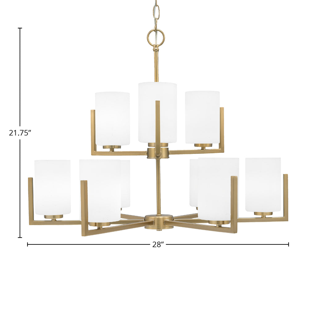 Atlas Nine Light Chandelier in New Age Brass with 4" White Muslin Shade