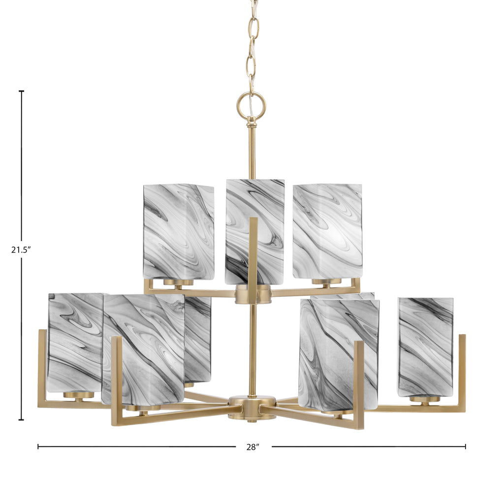 Atlas Nine Light Chandelier in New Age Brass with Onyx Swirl Shade