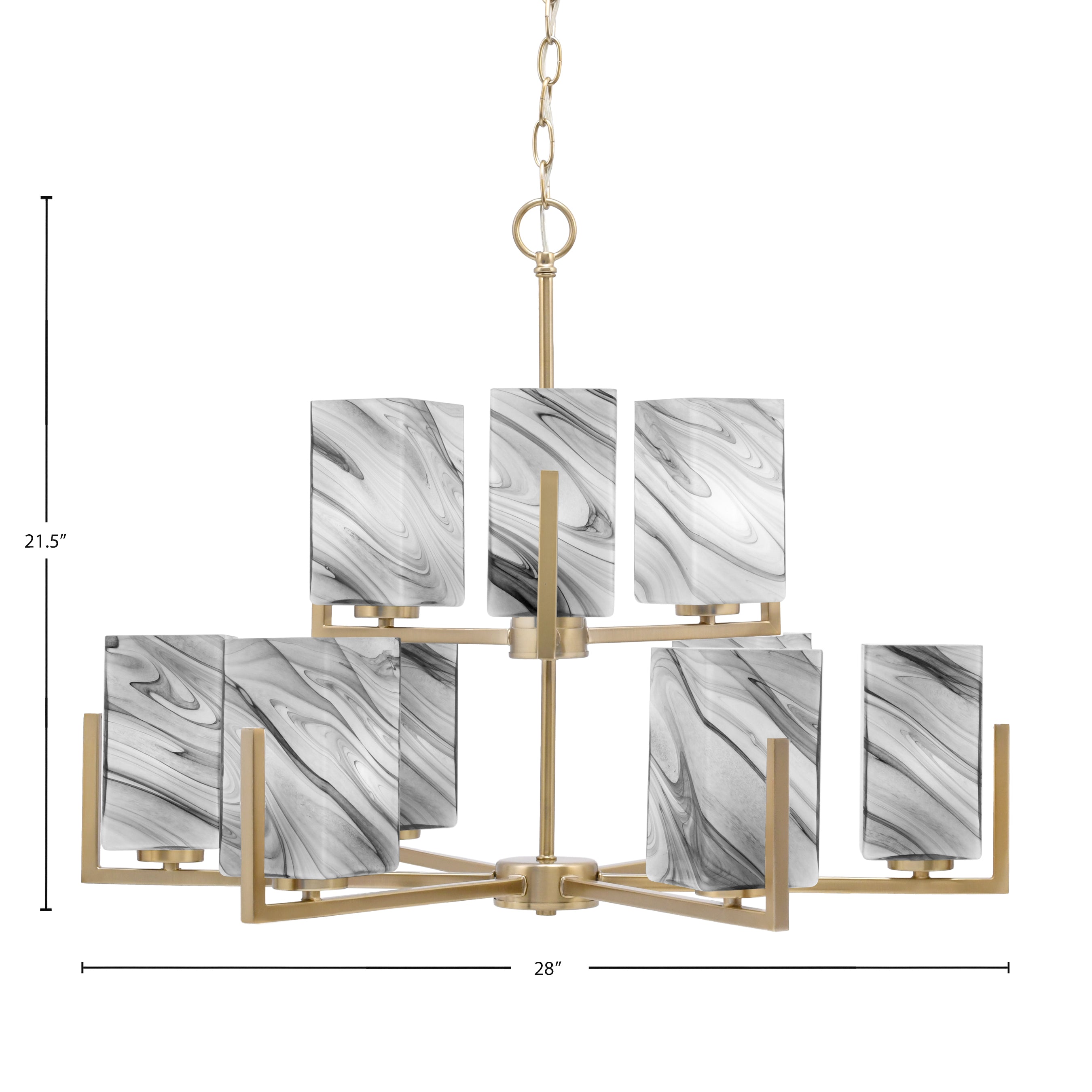 Atlas Nine Light Chandelier in New Age Brass with Onyx Swirl Shade