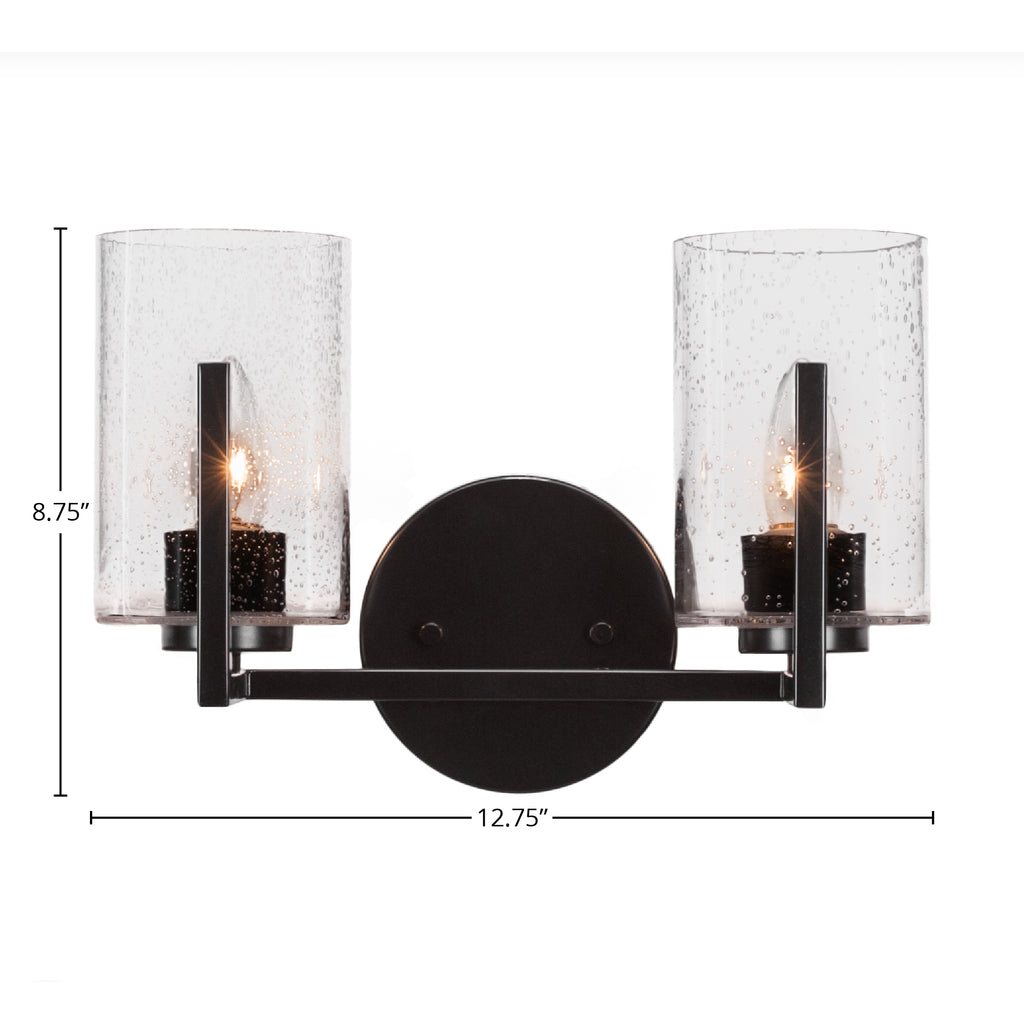 Atlas Two Light Bath Bar in Matte Black with 4" Clear Bubble Shade