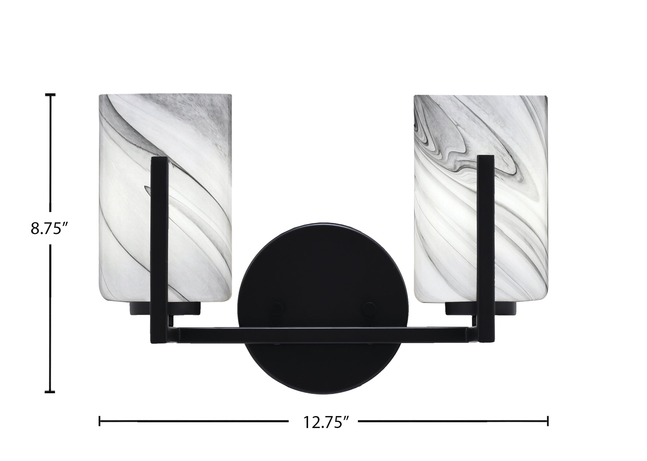 Atlas Two Light Bath Bar in Matte Black with 4" Onyx Swirl Shade