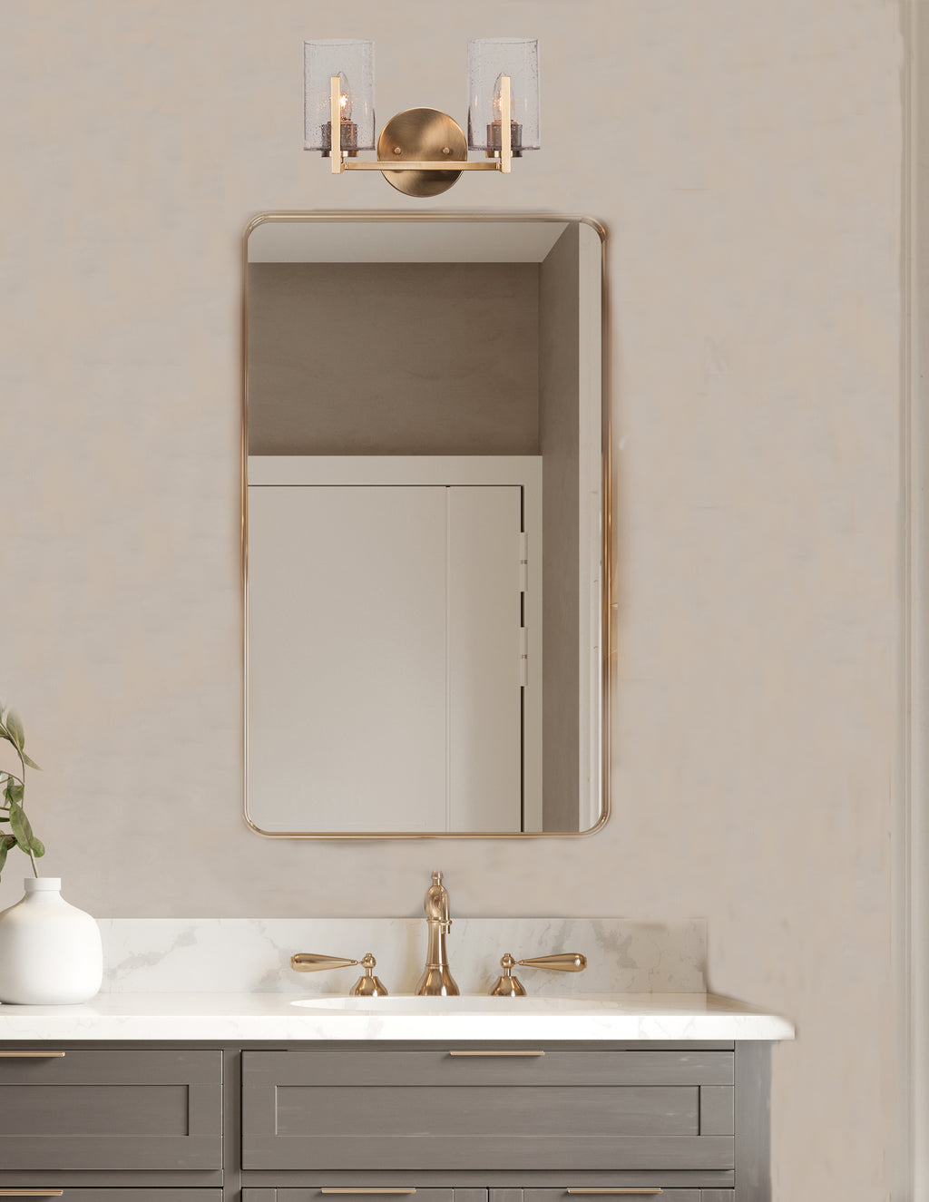 Atlas Two Light Bath Bar in New Age Brass with 4" Clear Bubble Shade