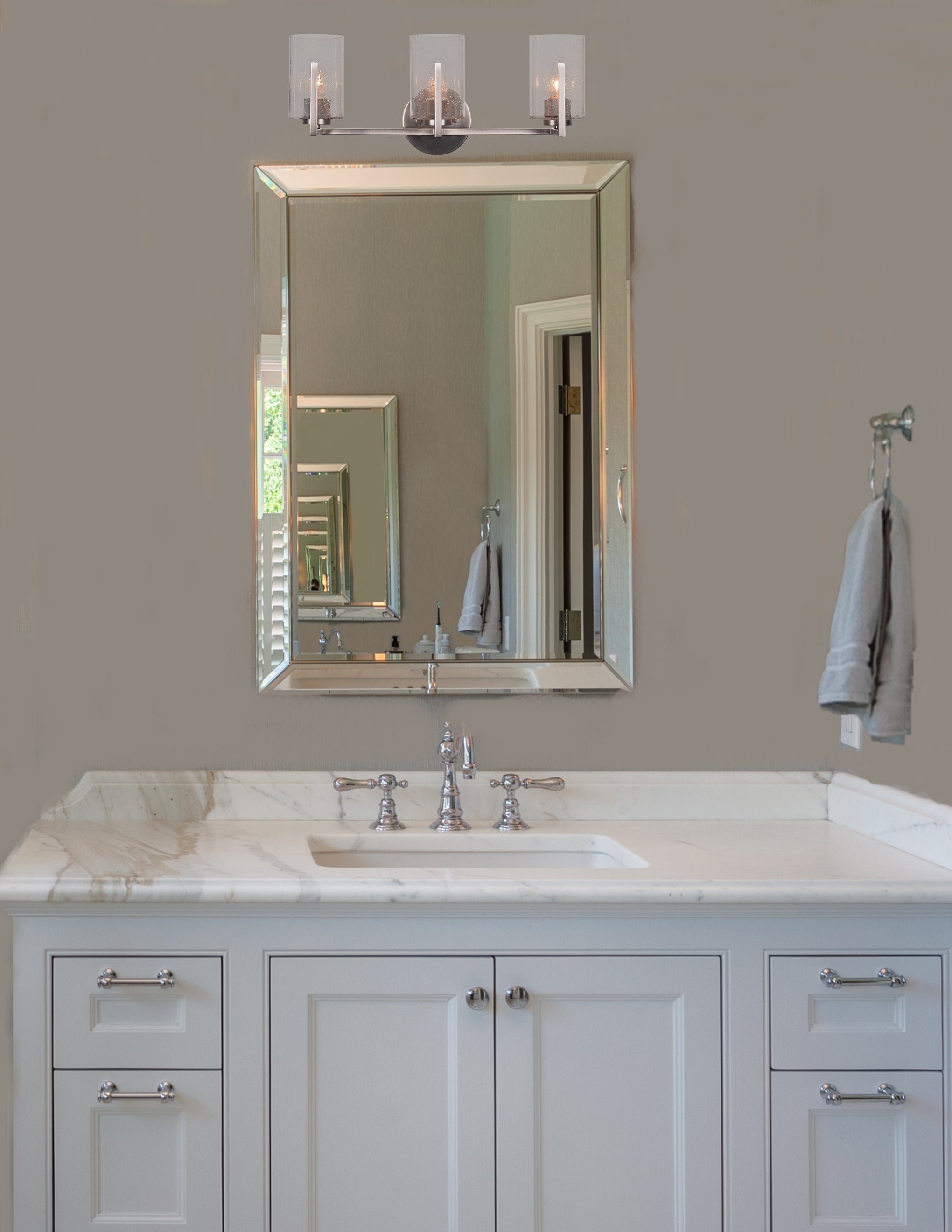 Atlas Three Light Bath Bar in Graphite with 4" Clear Bubble Shade