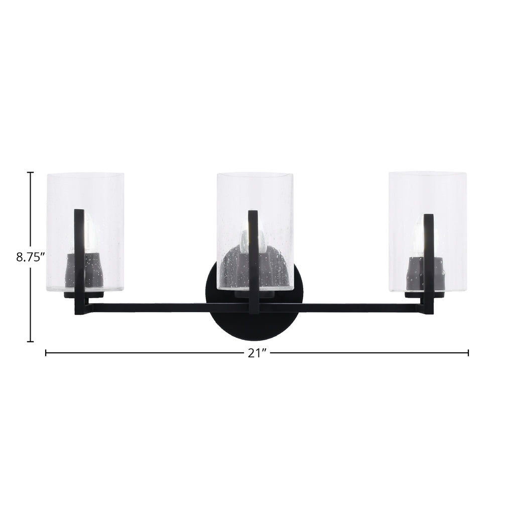 Atlas Three Light Bath Bar in Matte Black with 4" Clear Bubble Shade
