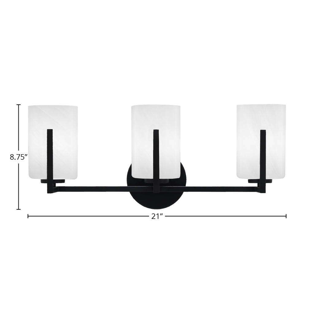 Atlas Three Light Bath Bar in Matte Black with 4" White Marble Shade