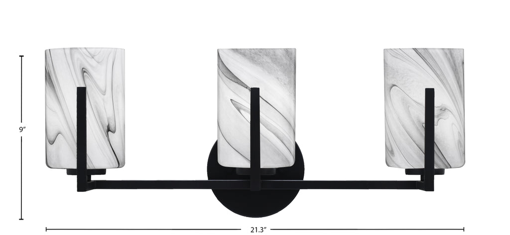 Atlas Three Light Bath Bar in Matte Black with 4" Onyx Swirl Shade