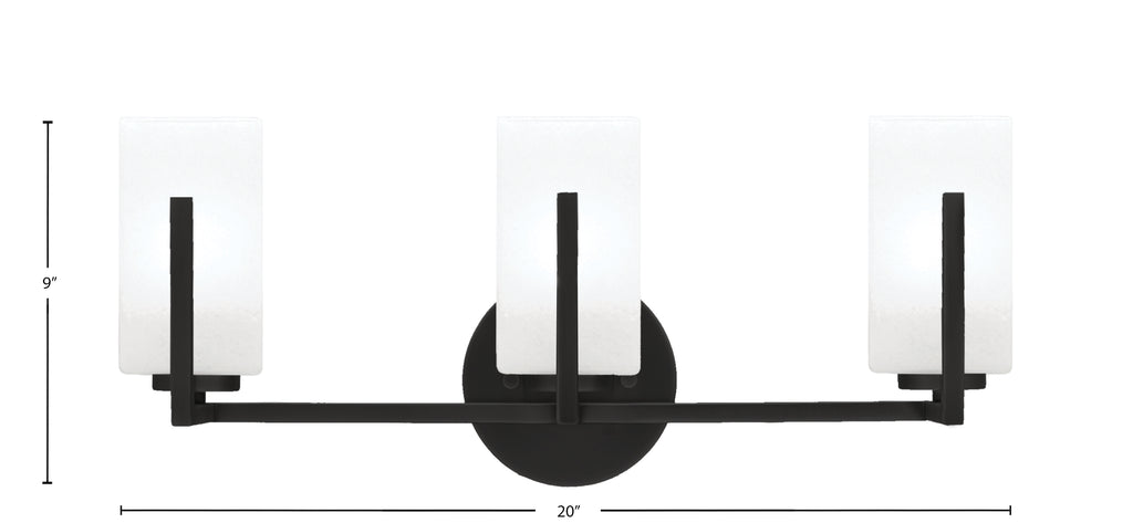 Atlas Three Light Bath Bar in Matte Black with White Marble Shade