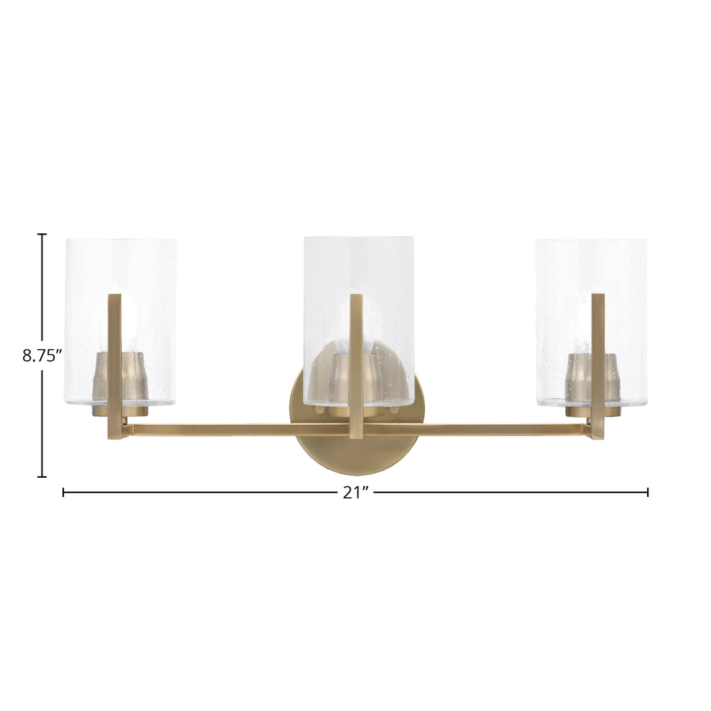 Atlas Three Light Bath Bar in New Age Brass with 4" Clear Bubble Shade