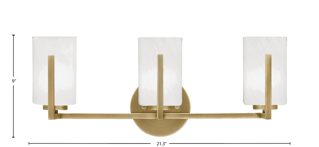 Atlas Three Light Bath Bar in New Age Brass with 4" White Marble Shade
