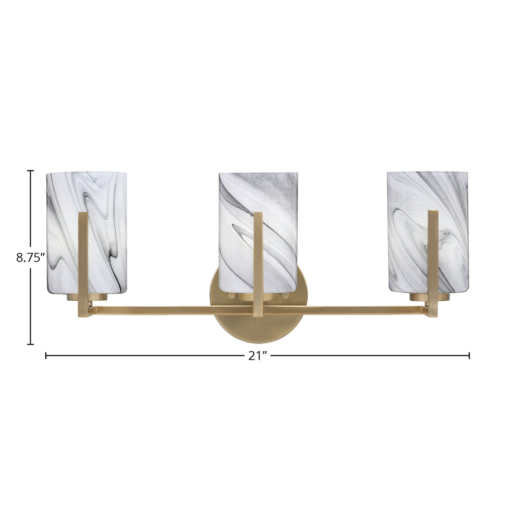 Atlas Three Light Bath Bar in New Age Brass with 4" Onyx Swirl Shade
