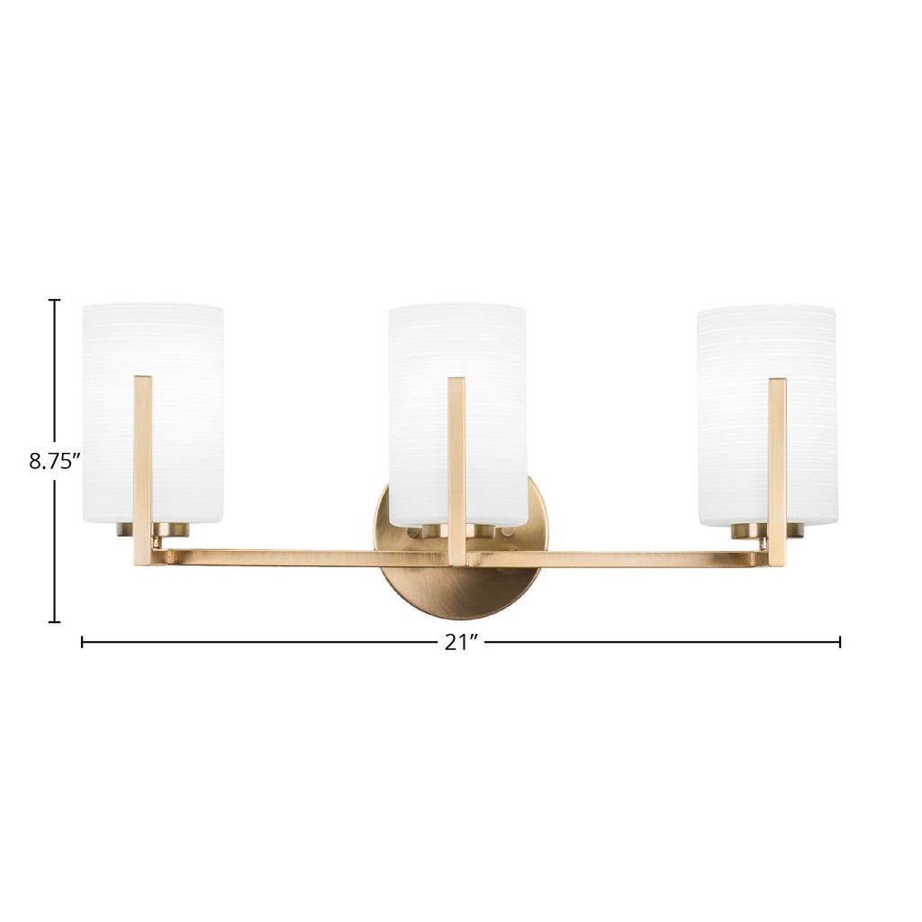 Atlas Three Light Bath Bar in New Age Brass with 4" White Matrix Shade