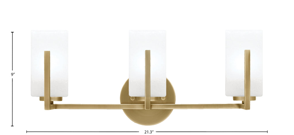 Atlas Three Light Bath Bar in New Age Brass with White Marble Shade