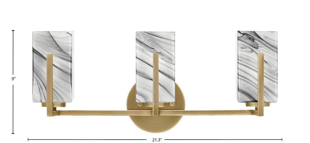 Atlas Three Light Bath Bar in New Age Brass with Onyx Swirl Shade