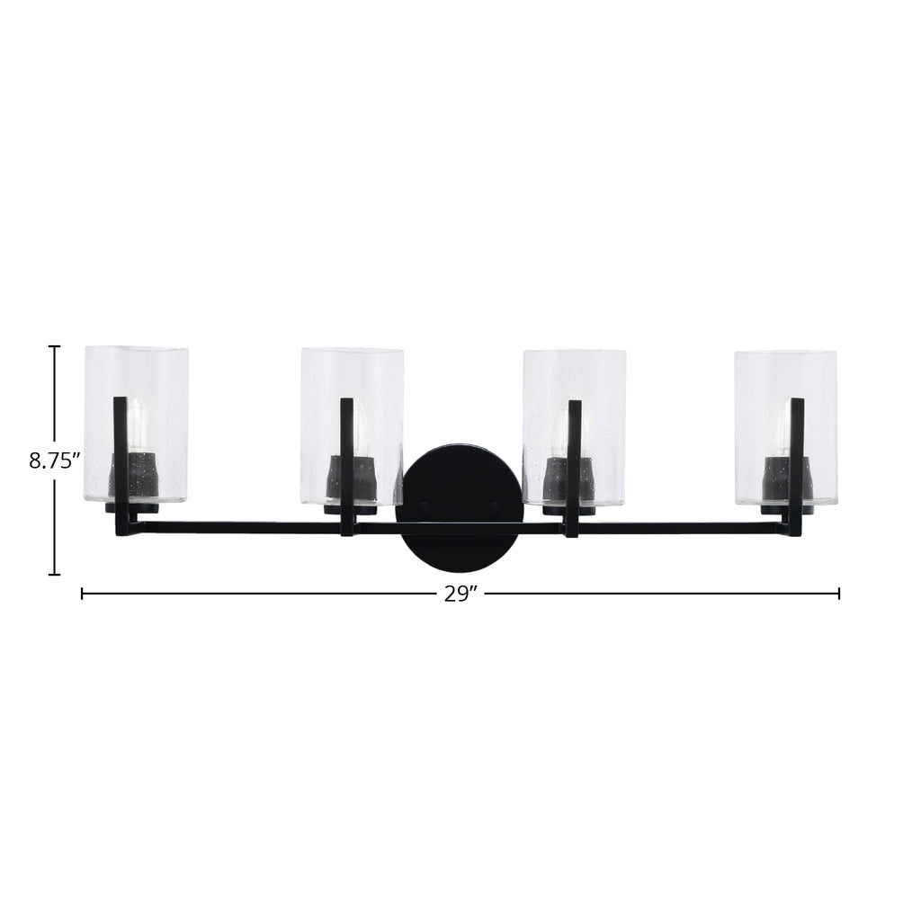 Atlas Four Light Bath Bar in Matte Black with 4" Clear Bubble Shade