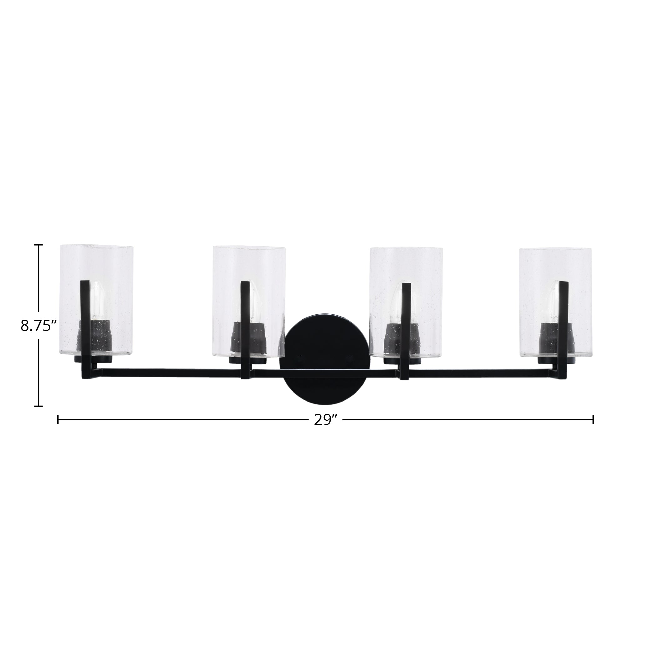 Atlas Four Light Bath Bar in Matte Black with 4" Clear Bubble Shade