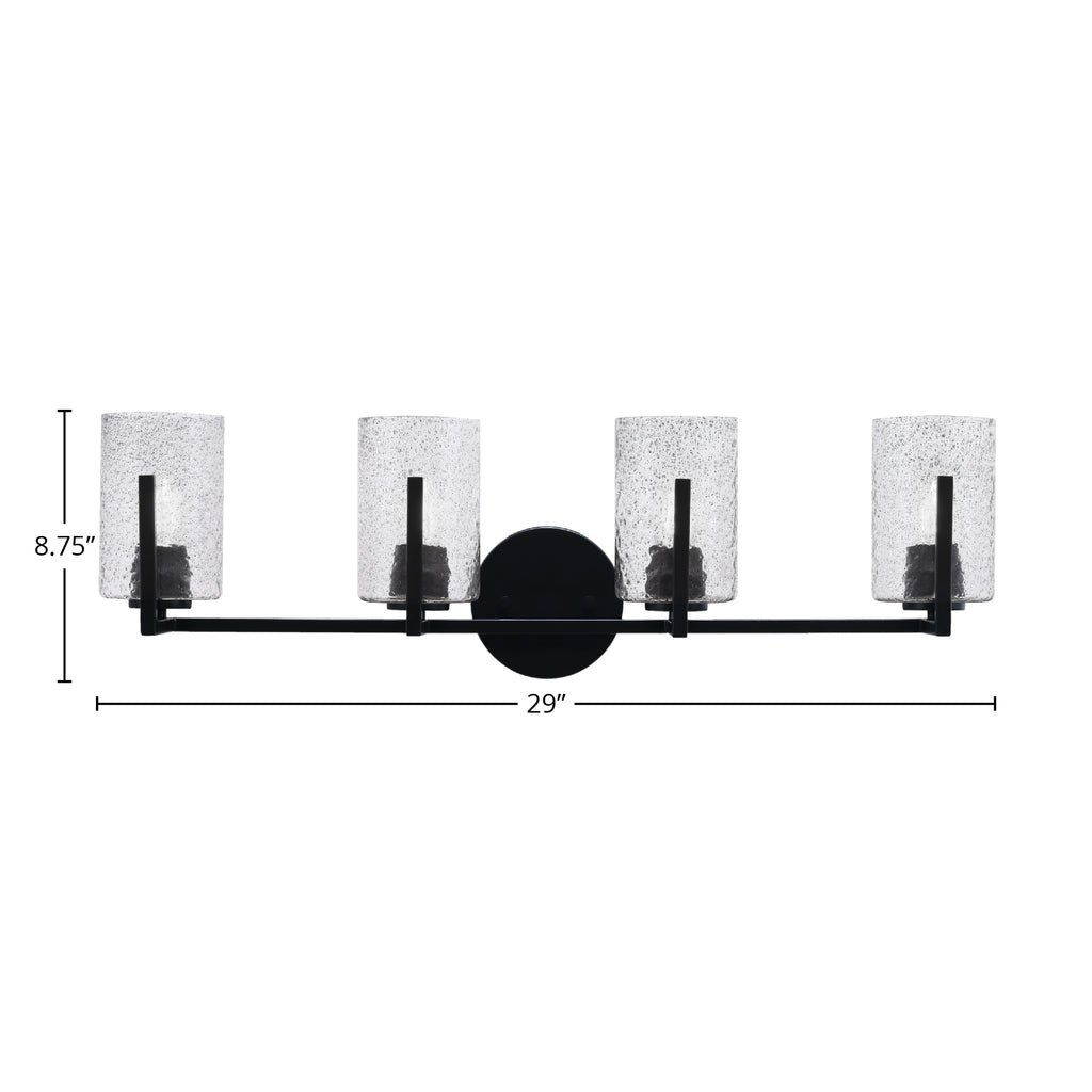 Atlas Four Light Bath Bar in Matte Black with 4" Smoke Bubble Shade