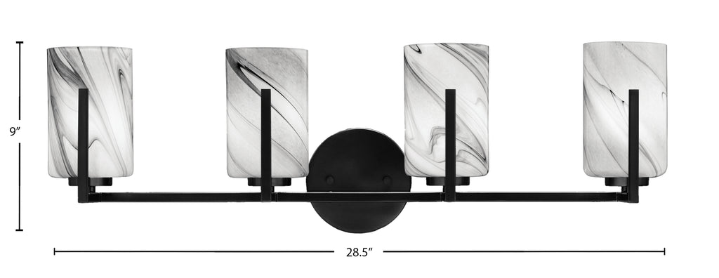 Atlas Four Light Bath Bar in Matte Black with 4" Onyx Swirl Shade