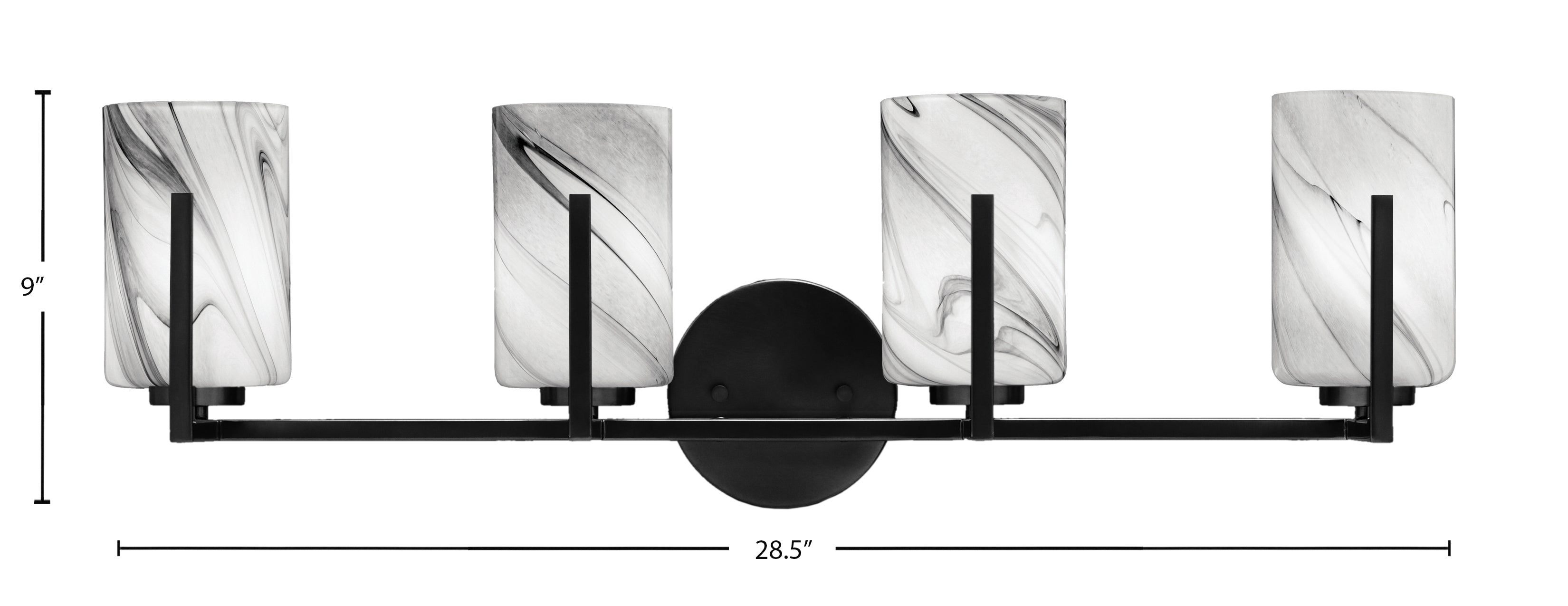 Atlas Four Light Bath Bar in Matte Black with 4" Onyx Swirl Shade