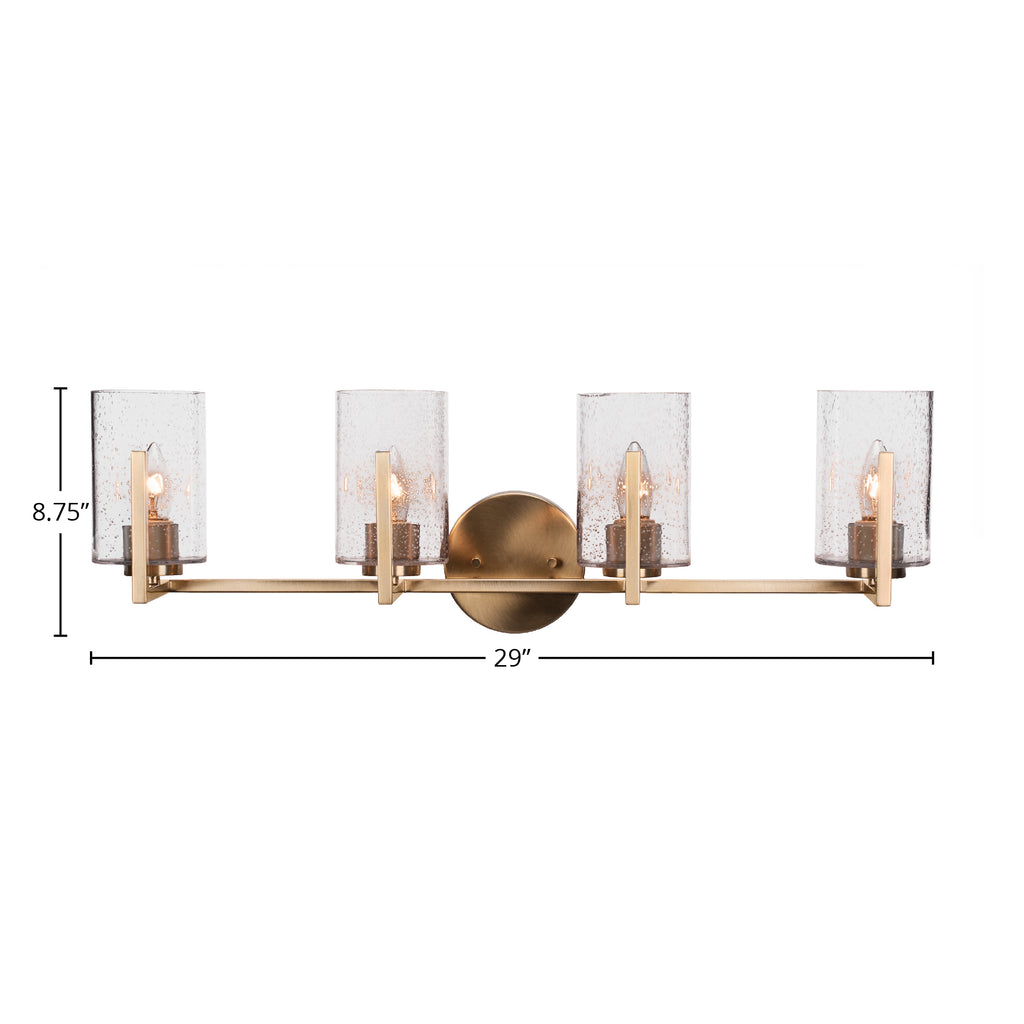 Atlas Four Light Bath Bar in New Age Brass with 4" Clear Bubble Shade
