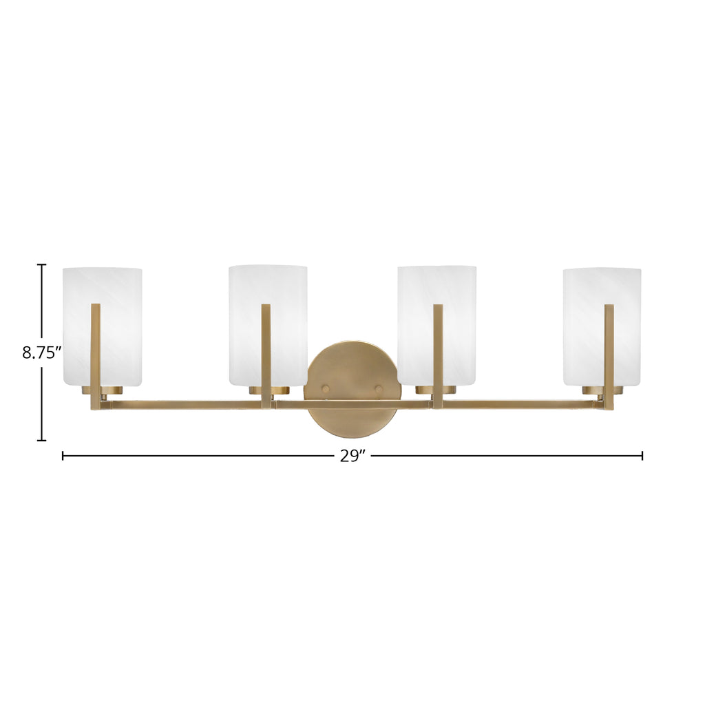 Atlas Four Light Bath Bar in New Age Brass with 4" White Marble Shade