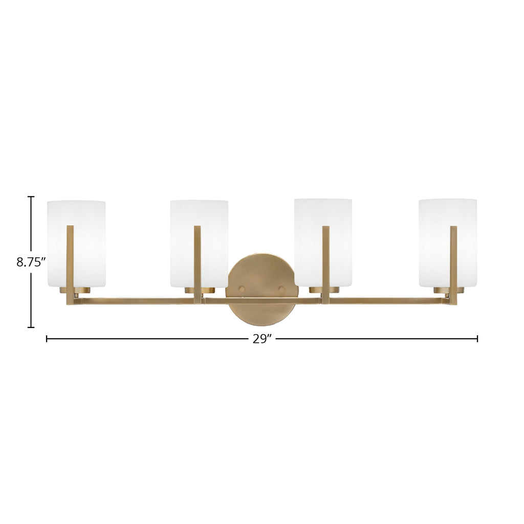 Atlas Four Light Bath Bar in New Age Brass with 4" White Muslin Shade
