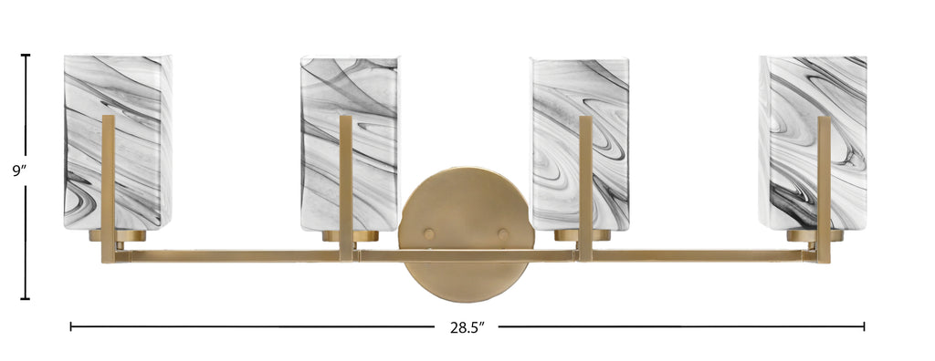 Atlas Four Light Bath Bar in New Age Brass with Onyx Swirl Shade